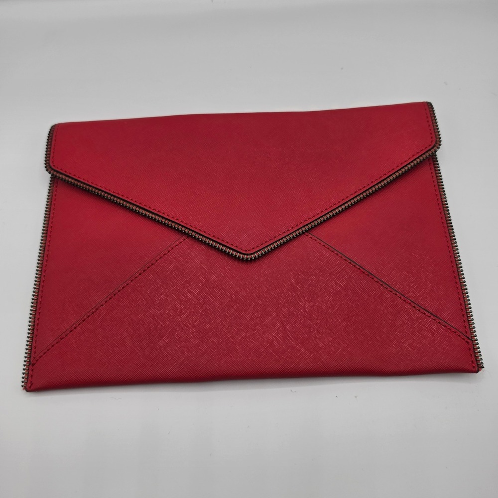 Rebecca Minkoff Leo Red Saffiano Leather Envelope Clutch Zipper Trim Evening Bag